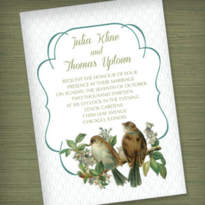 Vintage Birds Wedding Invitation in Mint Green