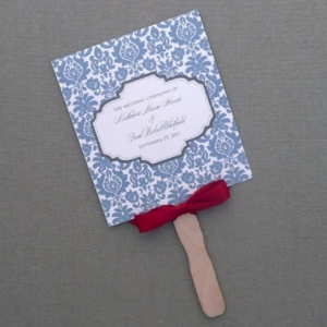 Wedding Paddle Fan Program with Blue Rococo Design