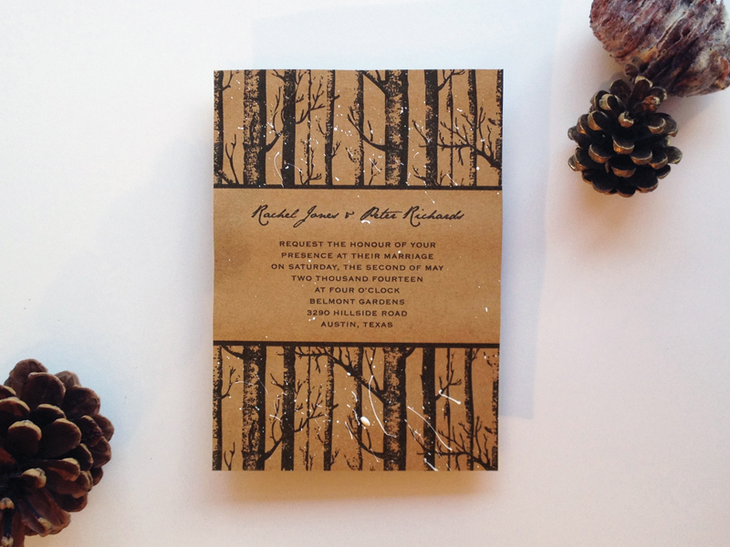 DIY winter birch tree wedding invitation on kraft paper with snow paint splatter