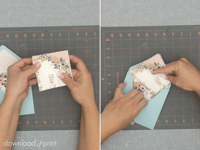 Stuff DIY vintage hanky wedding invitation into 5.5" square envelope | Download & Print