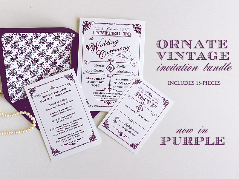 Ornate Vintage DIY Wedding Invitation Suite in Purple | Download & Print
