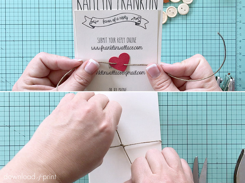 Tie DIY paper heart belly band around wedding invitation | Download & Print