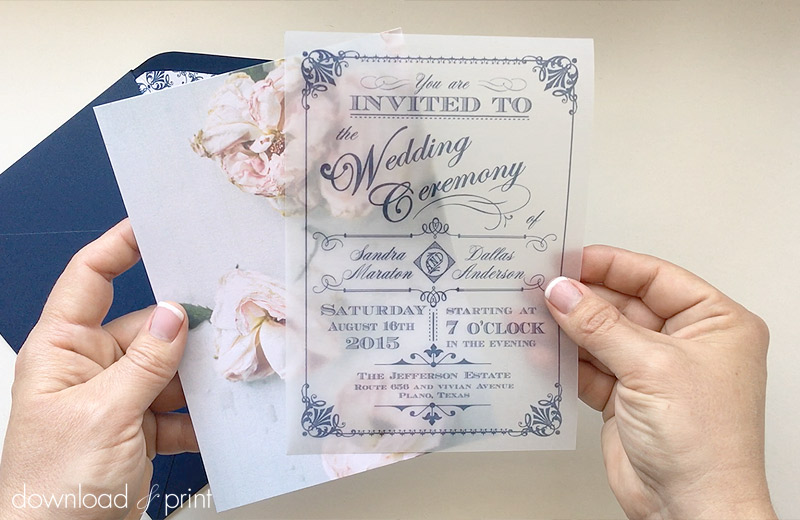 DIY translucent wedding invitation with vintage rose background | Download & Print