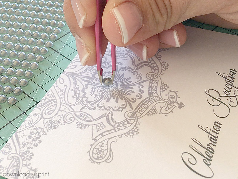 DIY pearl encrusted lace wedding invitations | Download & Print