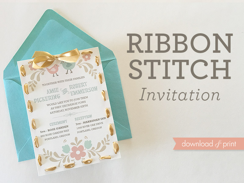 DIY folksy ribbon stitch wedding invitation | Download & Print