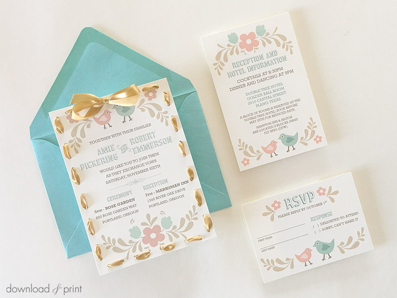 Folksy love birds DIY wedding invitation | Download & Print