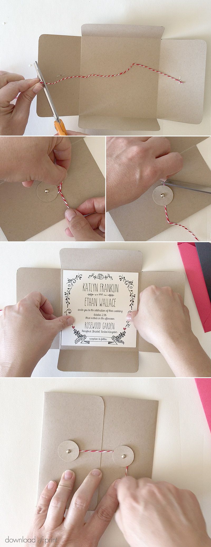 DIY wedding pocket invitation with string and button closure | Download & Print