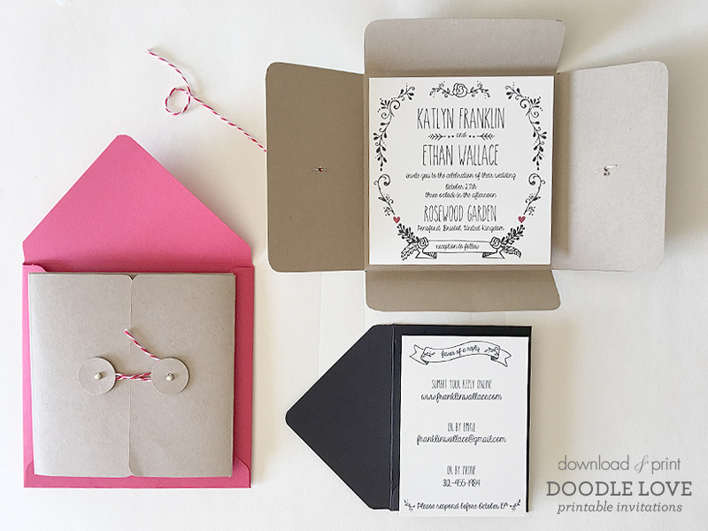 Doodle Love Wedding Invitation in DIY Pocket | Download & Print