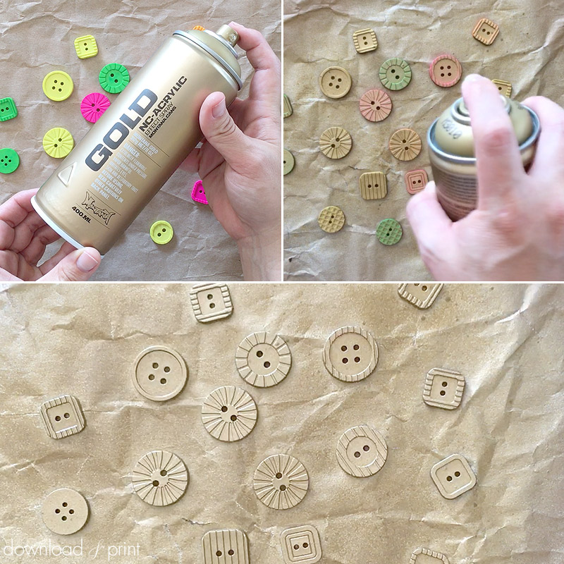 Spray cheap plastic buttons gold to use in craft projects | Download & Print